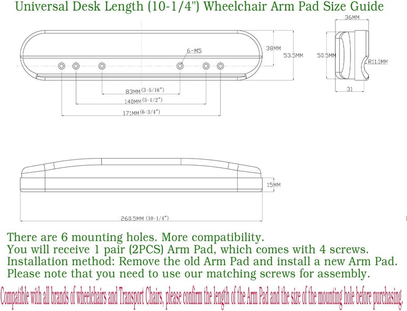 ComsenMed Universal Desk Arm Pad,Universal Desk Length (10-1/4") Wheelchair and Transport Chair Arm Pads w/Hardware, Replacement Vinyl Arm Pad Parts, Compatible with All Brands,(1Pair,Black) - Image 3